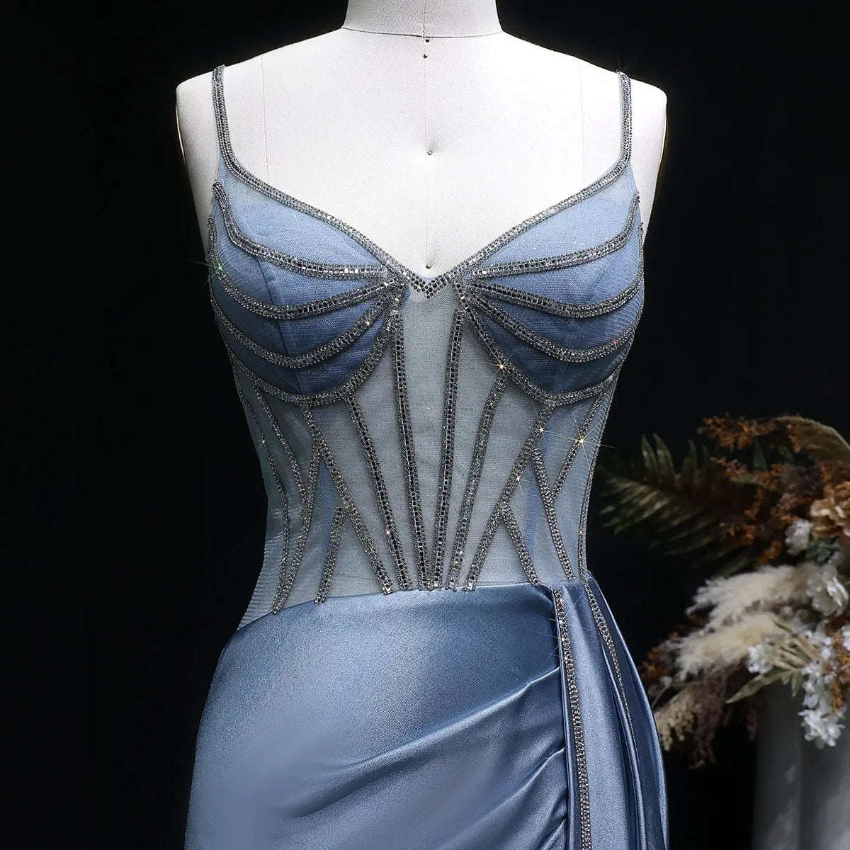 Luxury Blue Crystal Sheer Ruched High-Slit Mermaid Prom Dress SH405