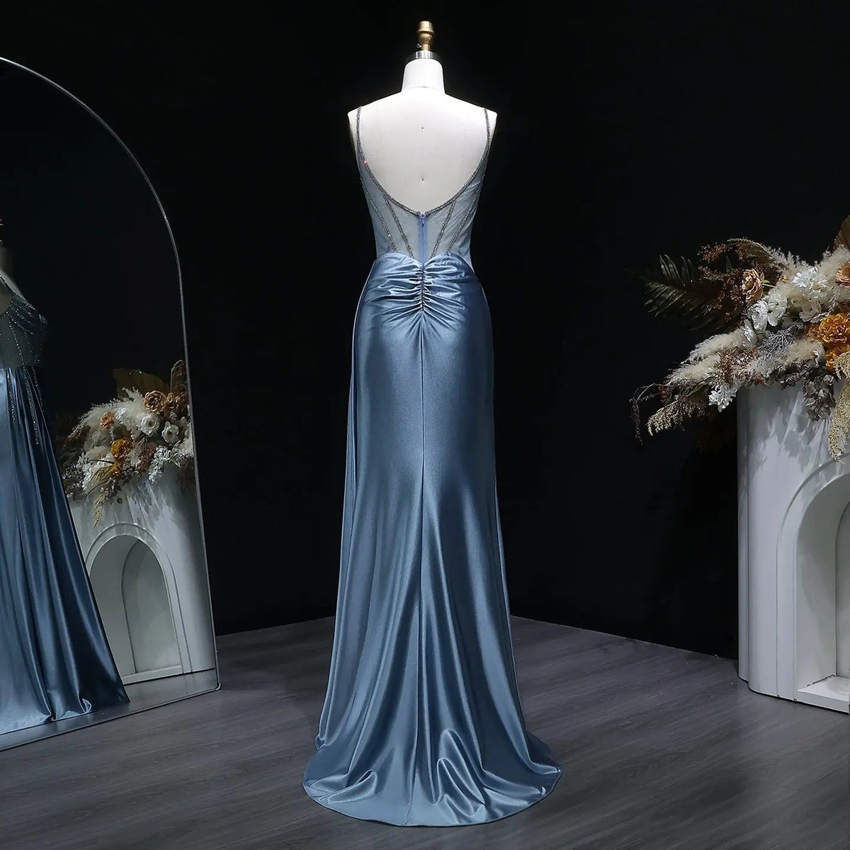 Luxury Blue Crystal Sheer Ruched High-Slit Mermaid Prom Dress SH405