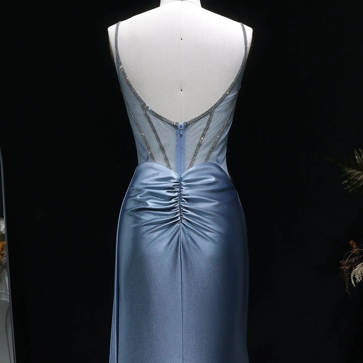 Luxury Blue Crystal Sheer Ruched High-Slit Mermaid Prom Dress SH405