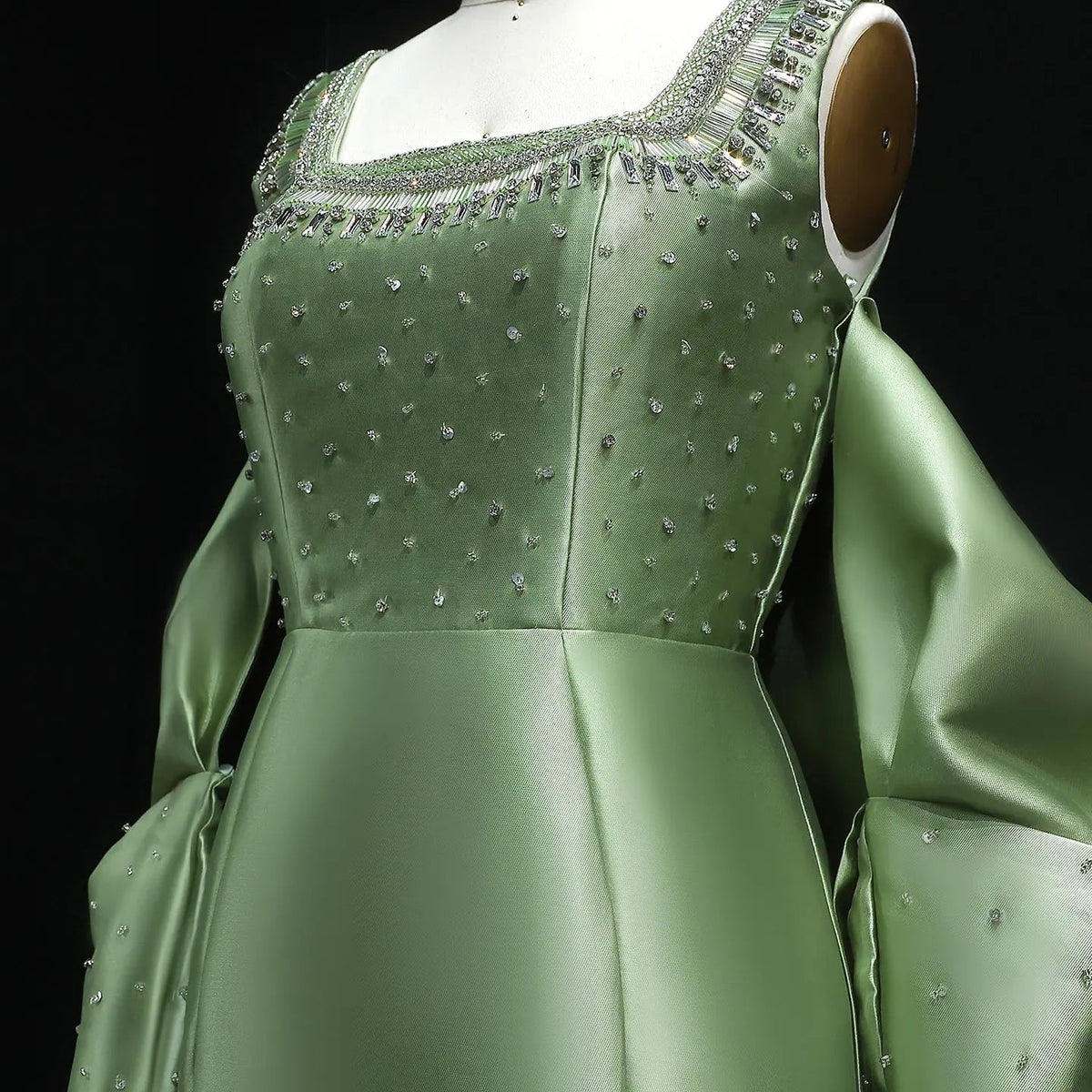 Luxury Khaki Beaded Satin Evening Dress with Statement Detachable Sleeves SS574
