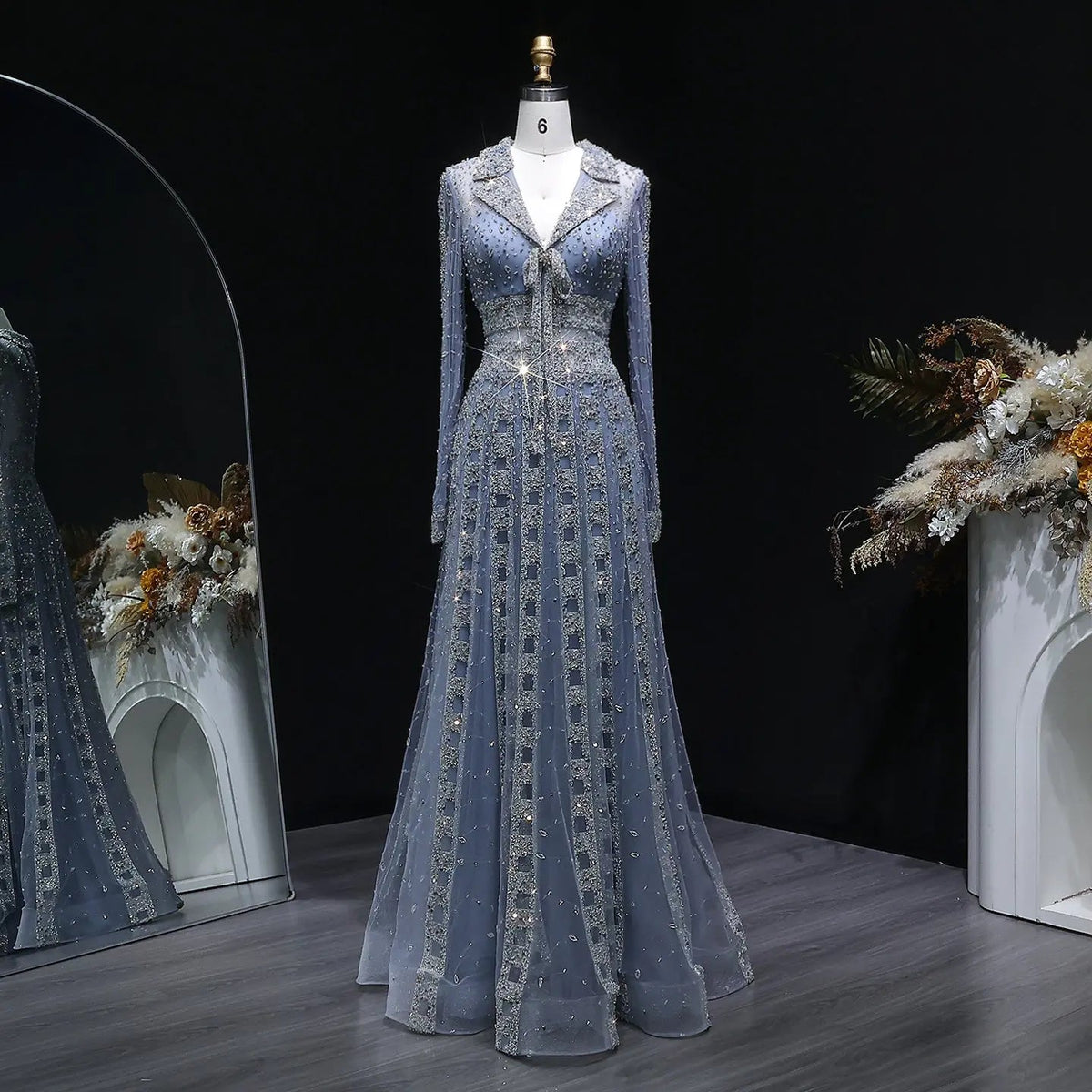 Luxury Blue Notched Collar Long Sleeve Beaded Evening Dress SS419
