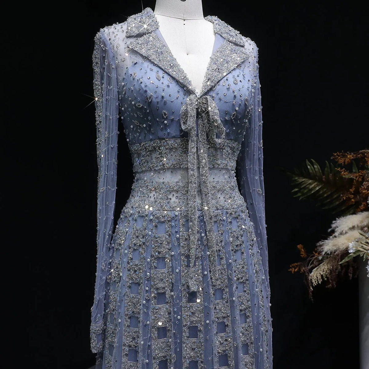 Luxury Blue Notched Collar Long Sleeve Beaded Evening Dress SS419