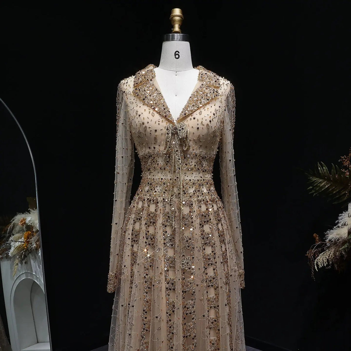 Luxury Blue Notched Collar Long Sleeve Beaded Evening Dress SS419