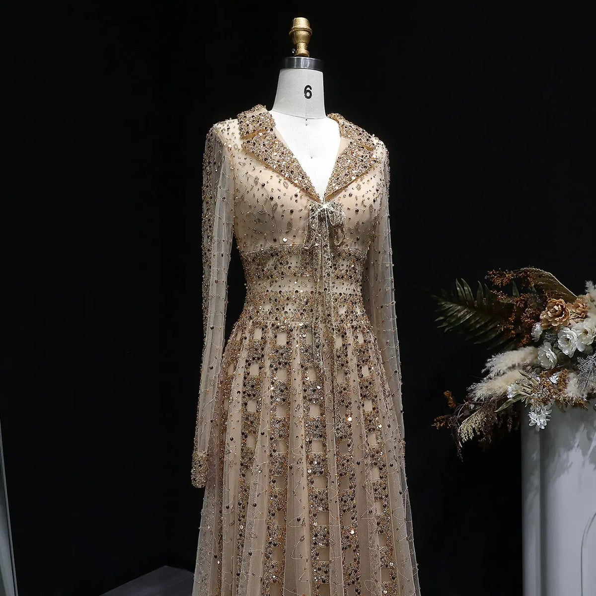 Luxury Blue Notched Collar Long Sleeve Beaded Evening Dress SS419