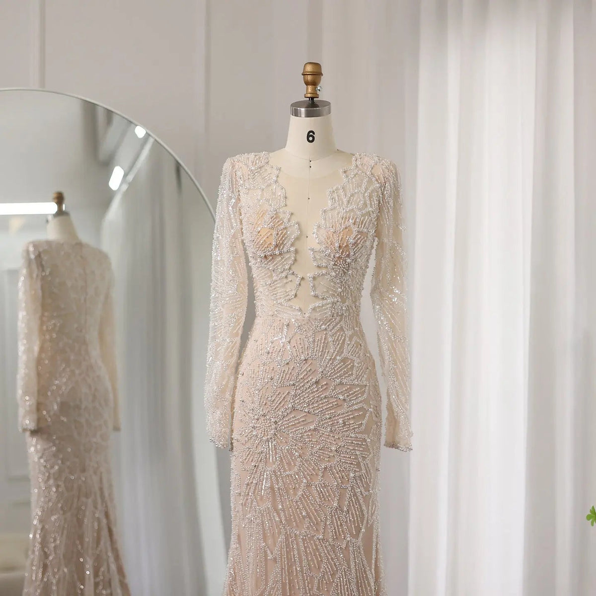 Luxury Nude Long Sleeves Evening Dress SS459