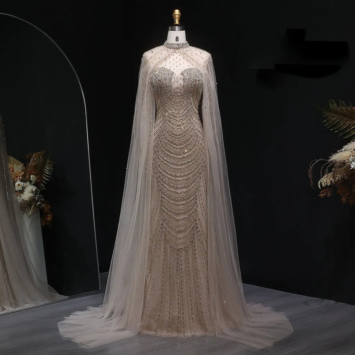 Luxury Champagne Beaded Evening Gown with Sheer Cape SS165