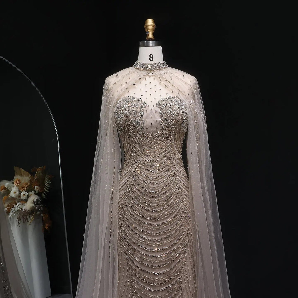Luxury Champagne Beaded Evening Gown with Sheer Cape SS165