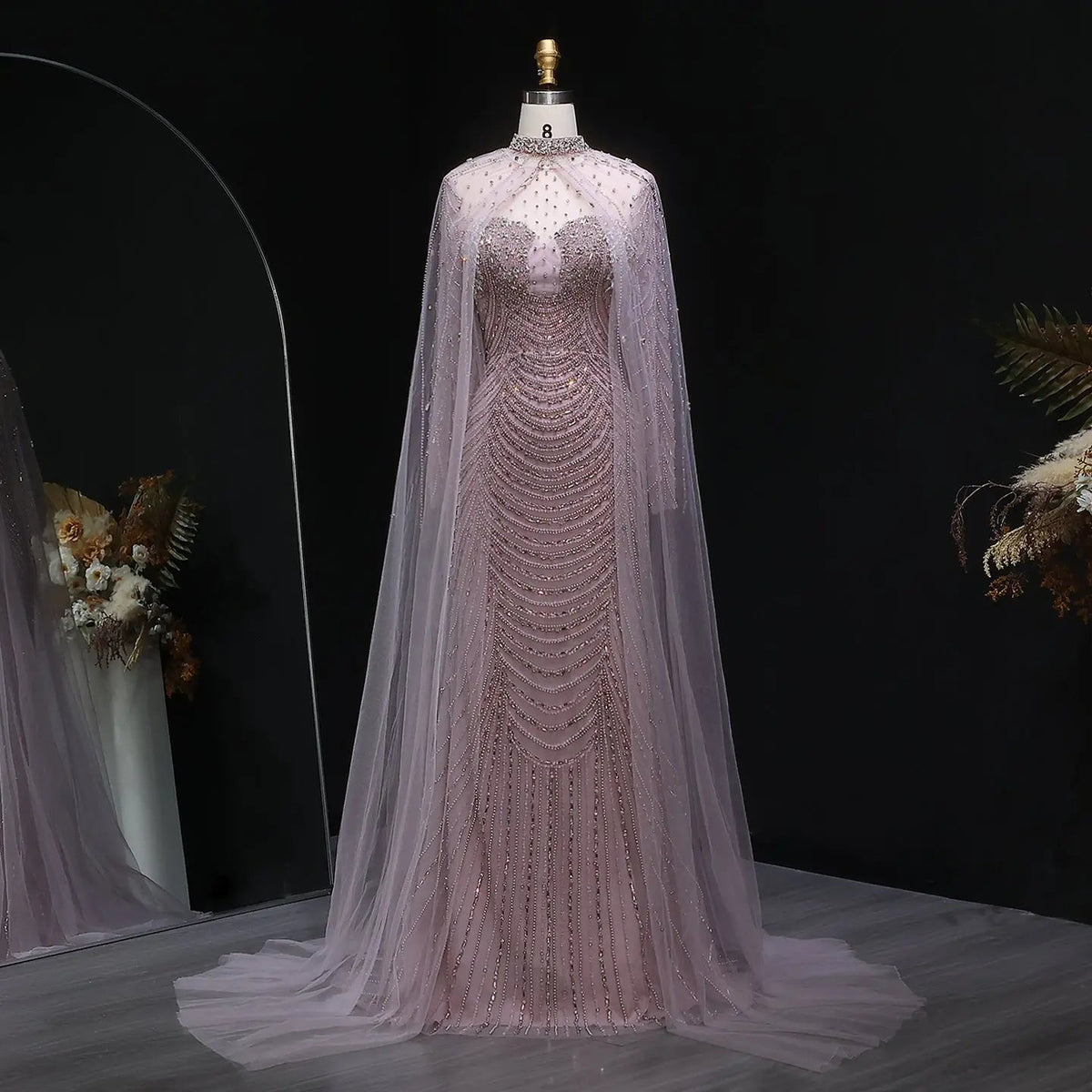 Luxury Champagne Beaded Evening Gown with Sheer Cape SS165