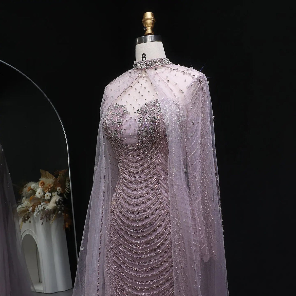 Luxury Champagne Beaded Evening Gown with Sheer Cape SS165