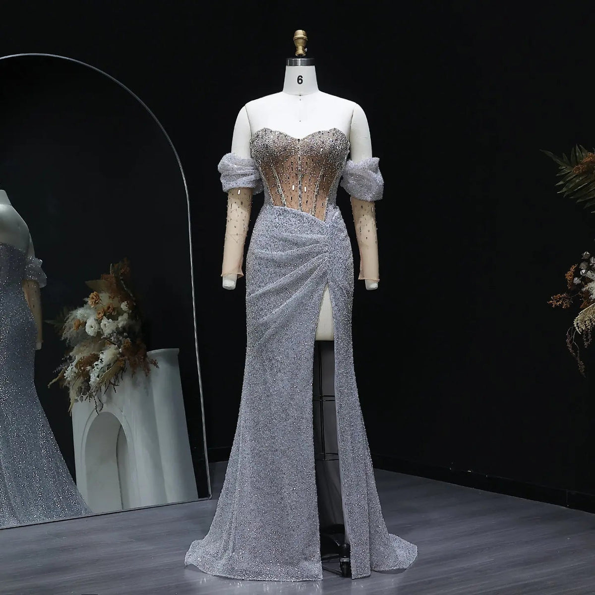 Luxury Crystal Silver Evening Dress with Sleeves Slit SS426