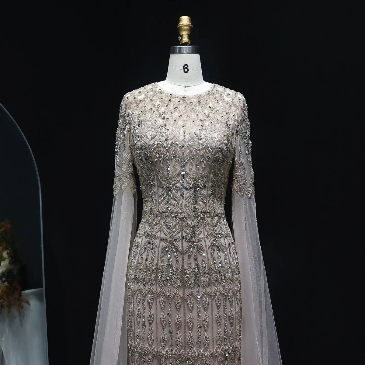 Luxury Caramel Evening Dress with Cape Sleeves SS044