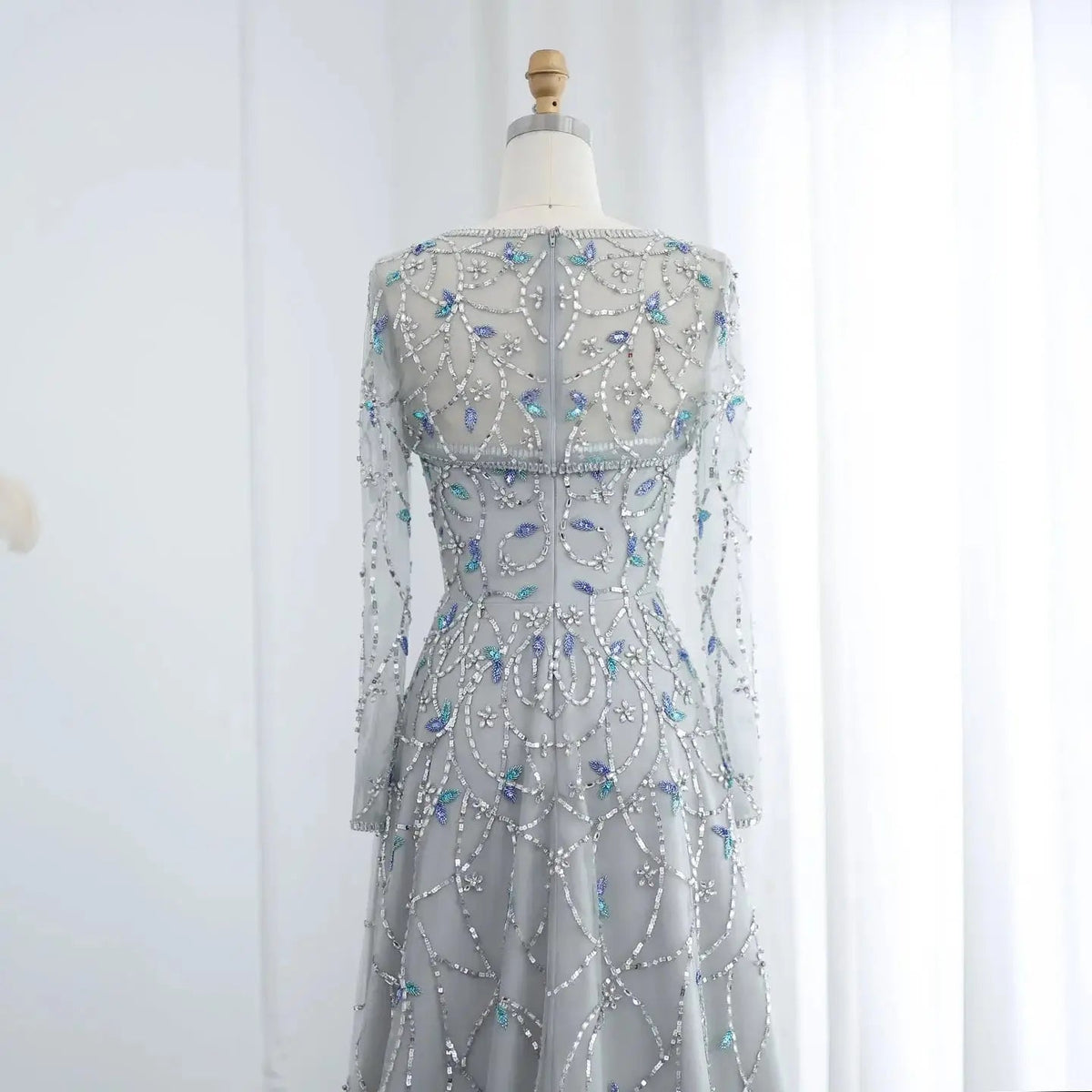 Elegant Beaded Sequins Green Long Sleeve Evening Dress SS593
