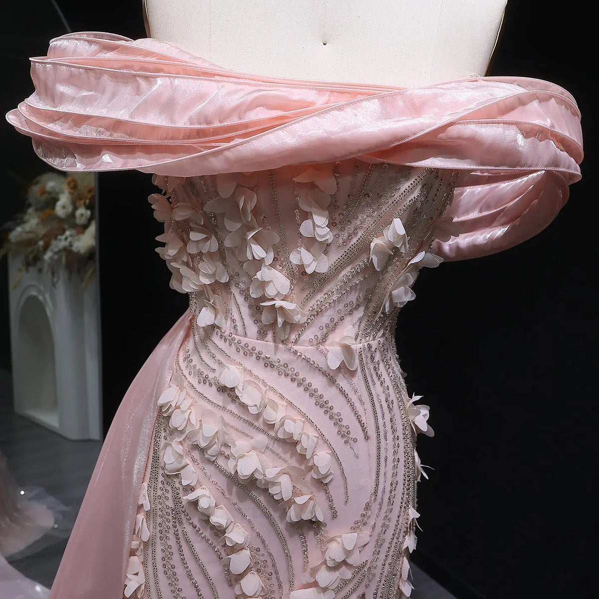 Glamorous Pink Sequin 3D Floral Off-the-Shoulder Evening Dress SS604