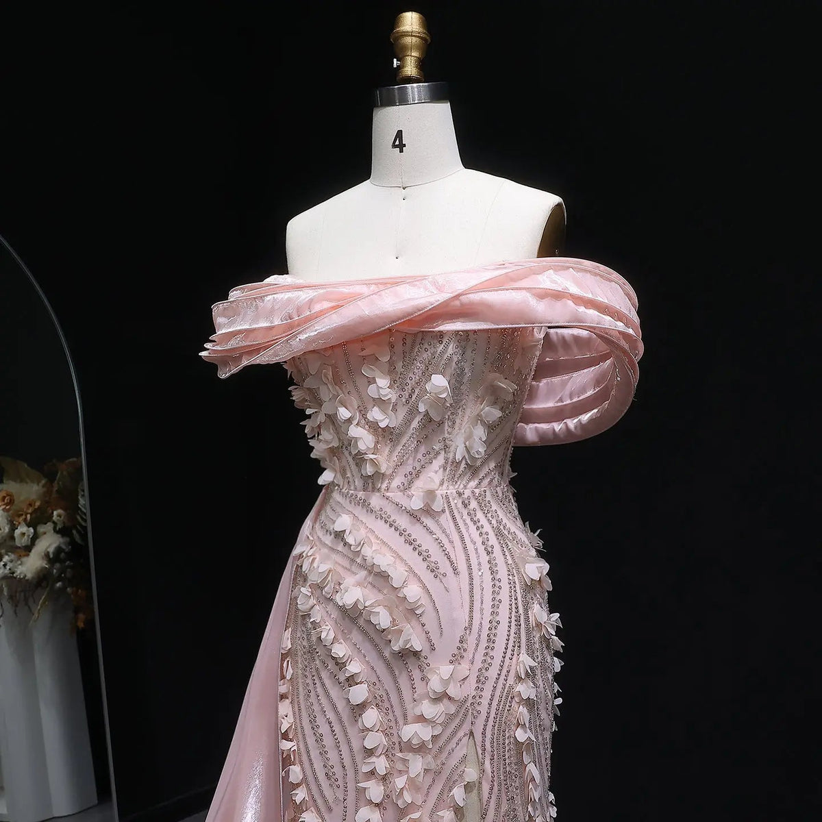 Glamorous Pink Sequin 3D Floral Off-the-Shoulder Evening Dress SS604