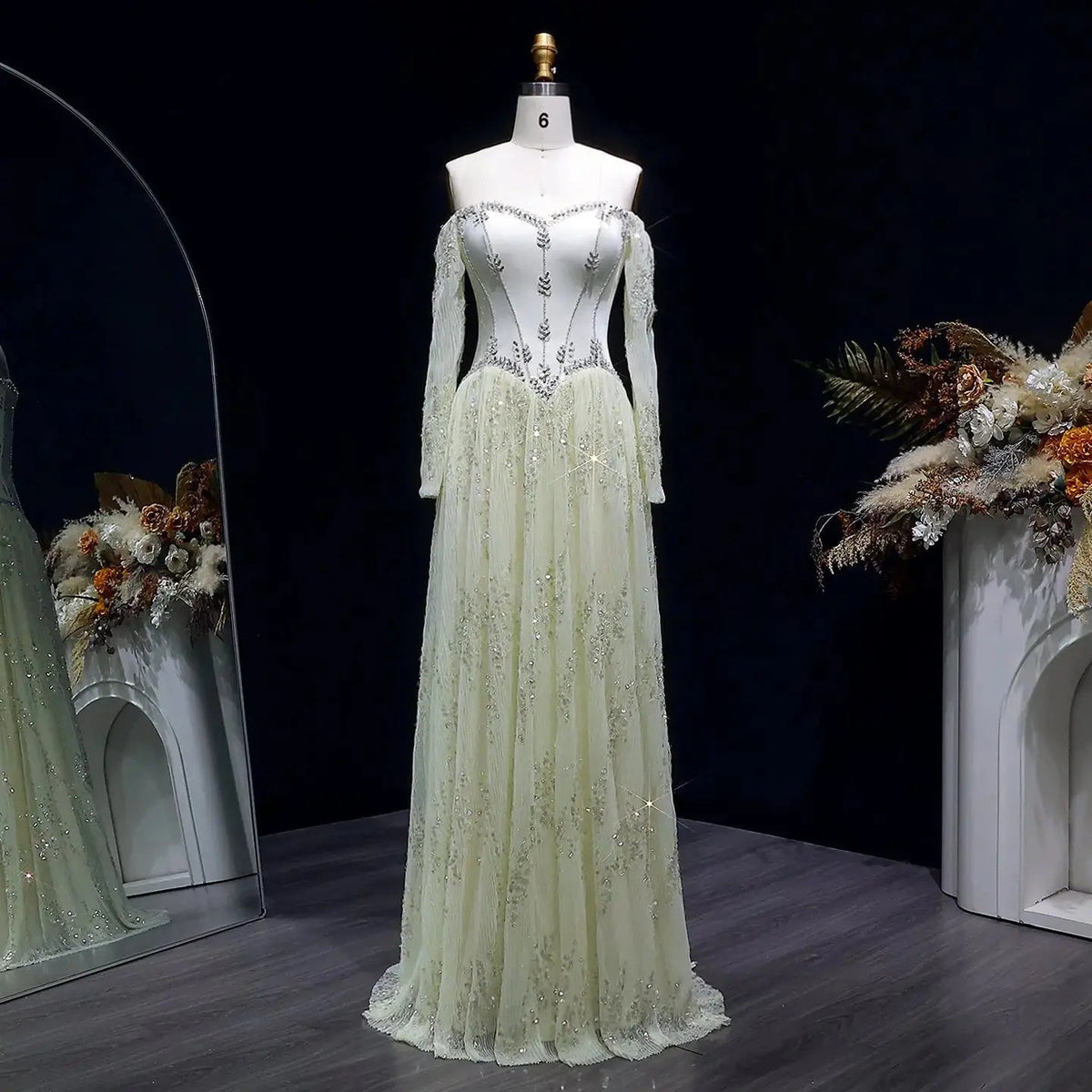 Luxury Beige Crystal Beaded Mesh Long Sleeve Evening Dress SS628