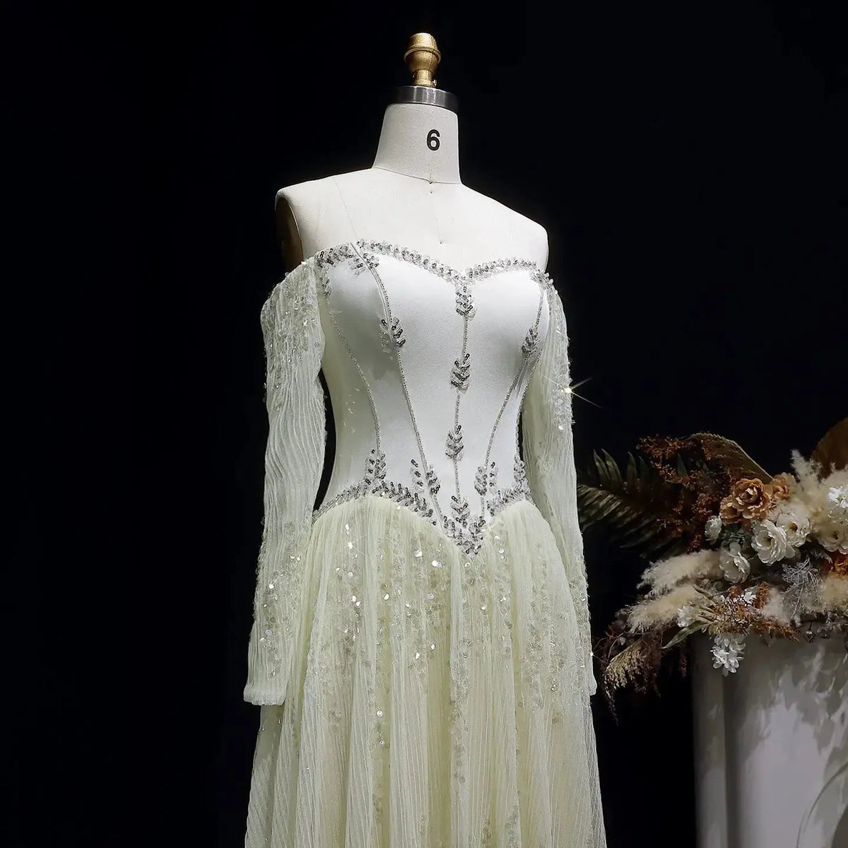Luxury Beige Crystal Beaded Mesh Long Sleeve Evening Dress SS628