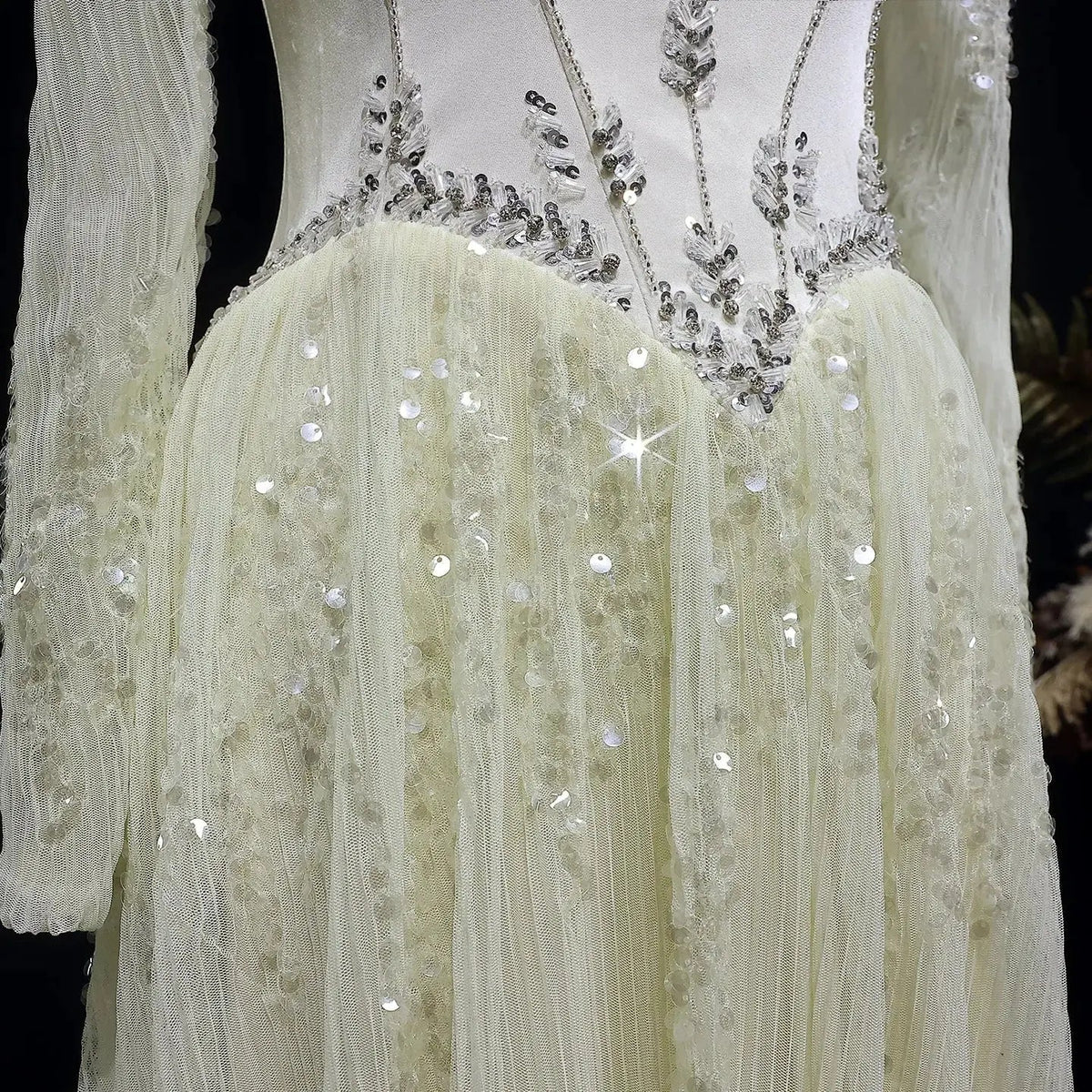 Luxury Beige Crystal Beaded Mesh Long Sleeve Evening Dress SS628