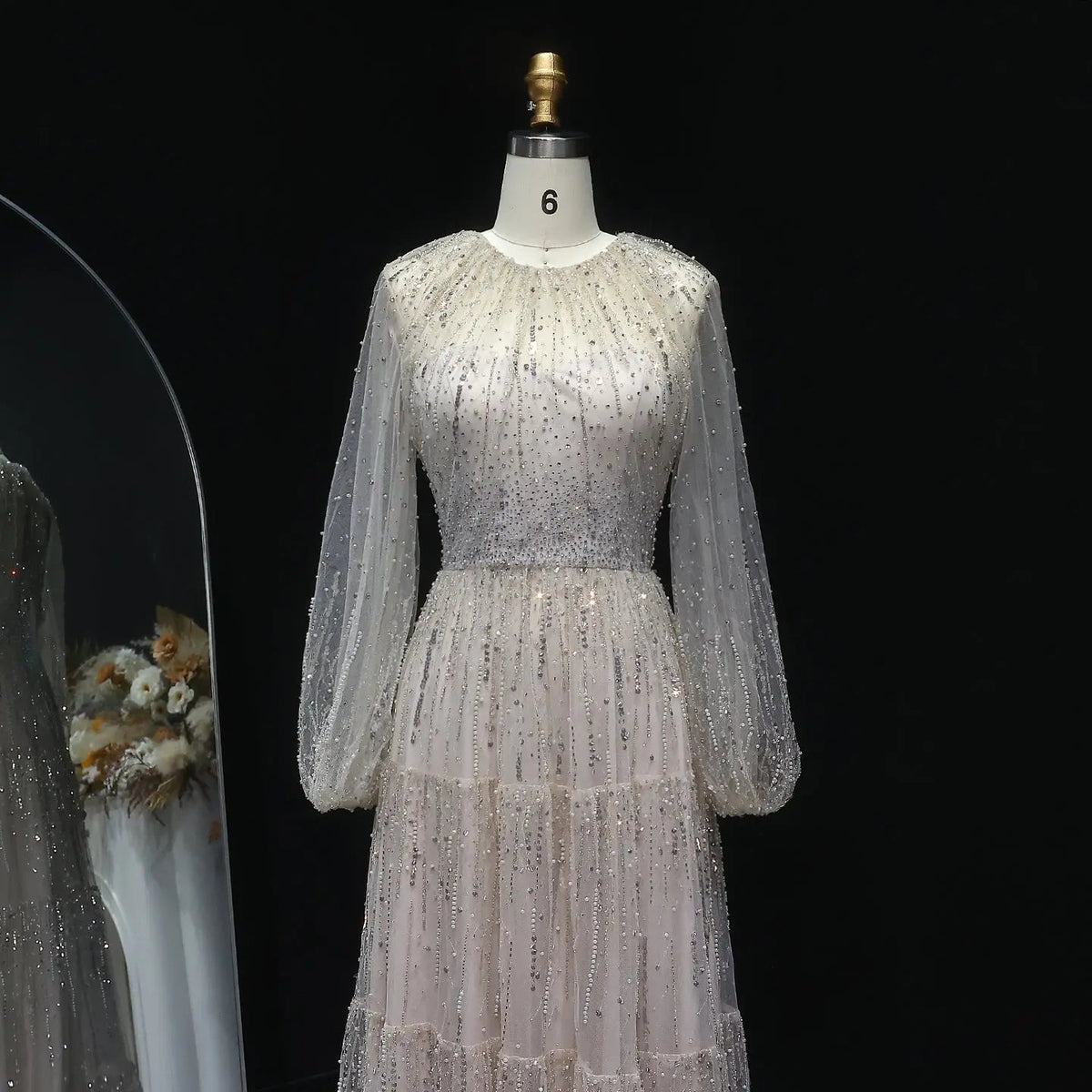 Luxury Beige Ruffles Beaded Long Sleeves Evening Dress SS514