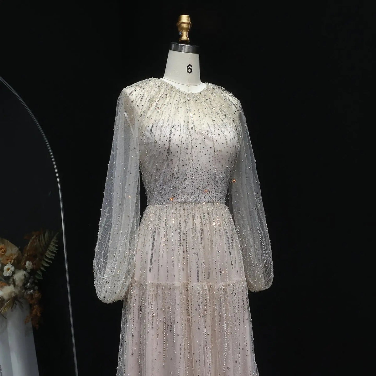 Luxury Beige Ruffles Beaded Long Sleeves Evening Dress SS514