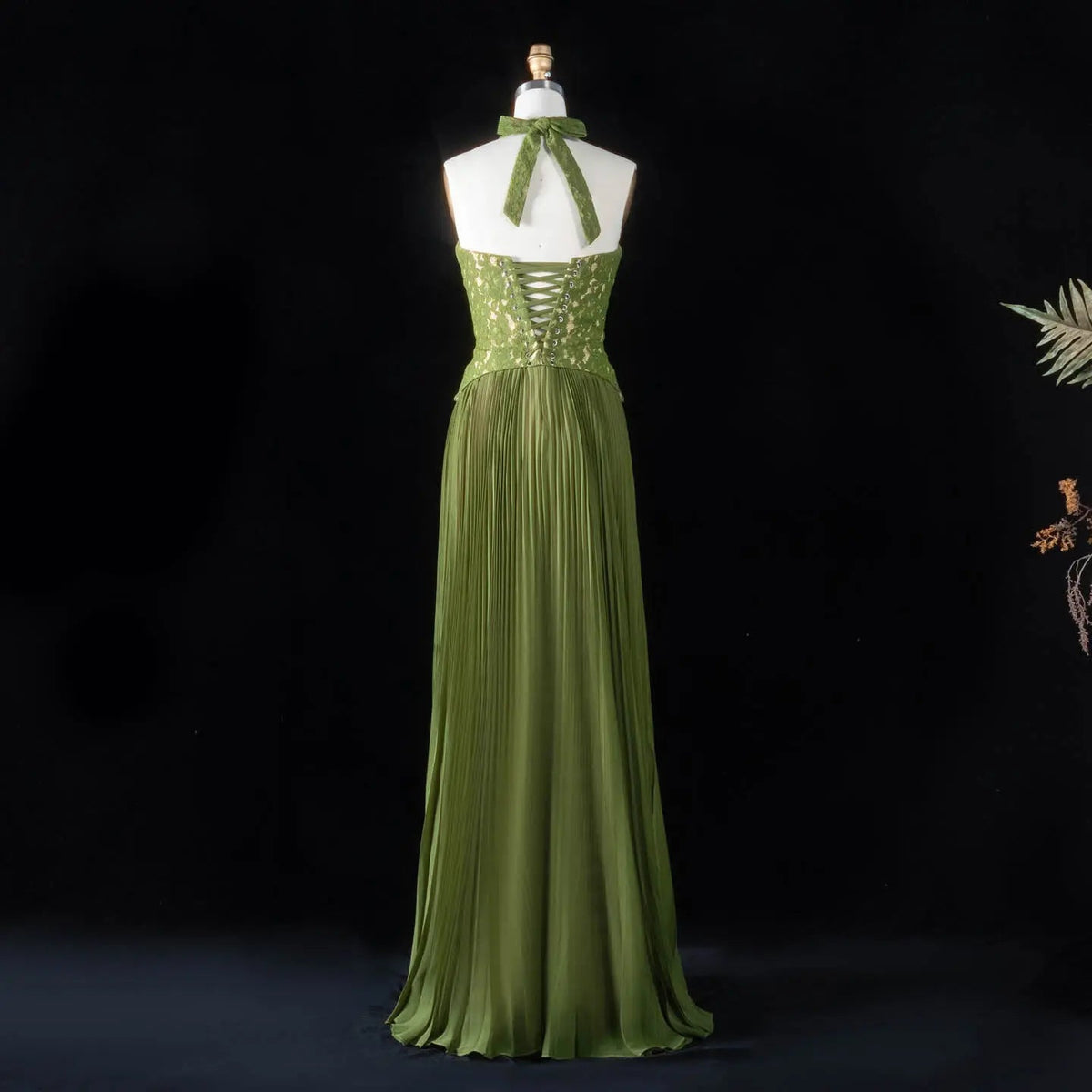 Luxury Green Halter Evening Dress with Lace Corset Bodice SF419