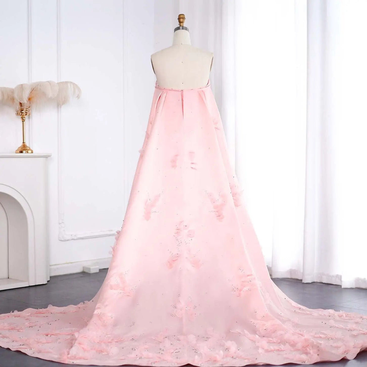 Luxury Crystal 3D Leaves Sage Green Evening Dress with Cape SS449