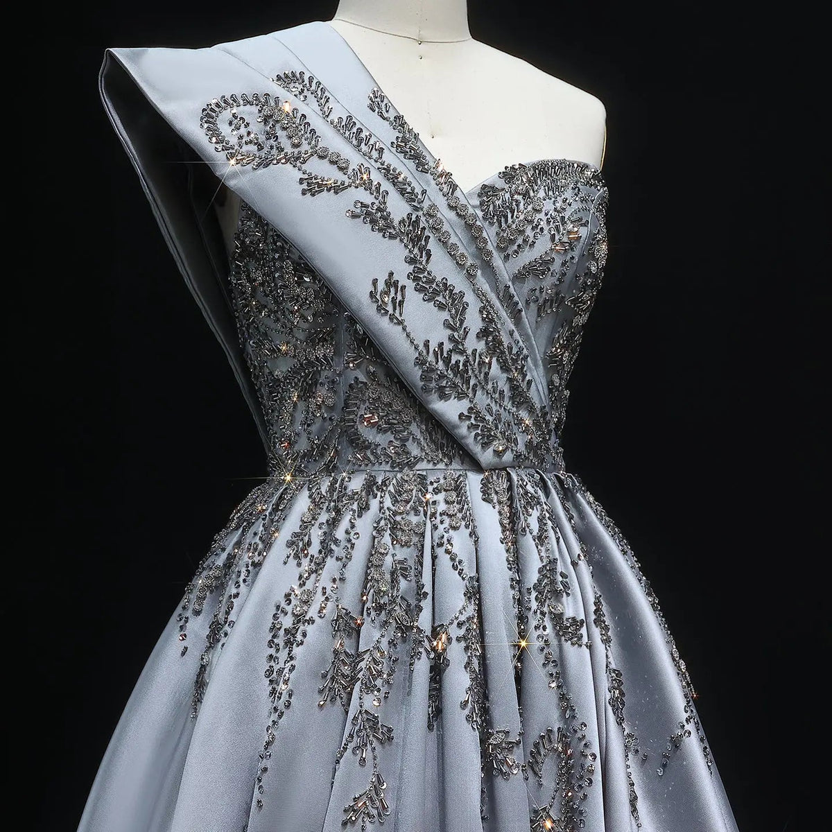 Luxury Gray One-Shoulder Embellished Crystal Evening Dress XD040