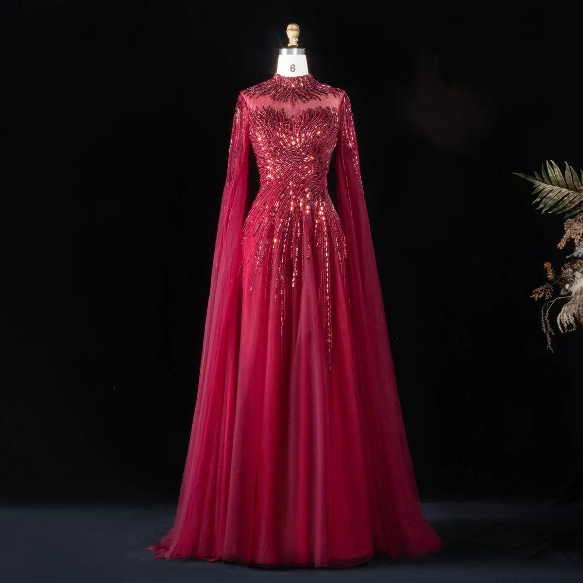 Luxury Blue High Neck Beaded Evening Dress with Cape Sleeve SS134