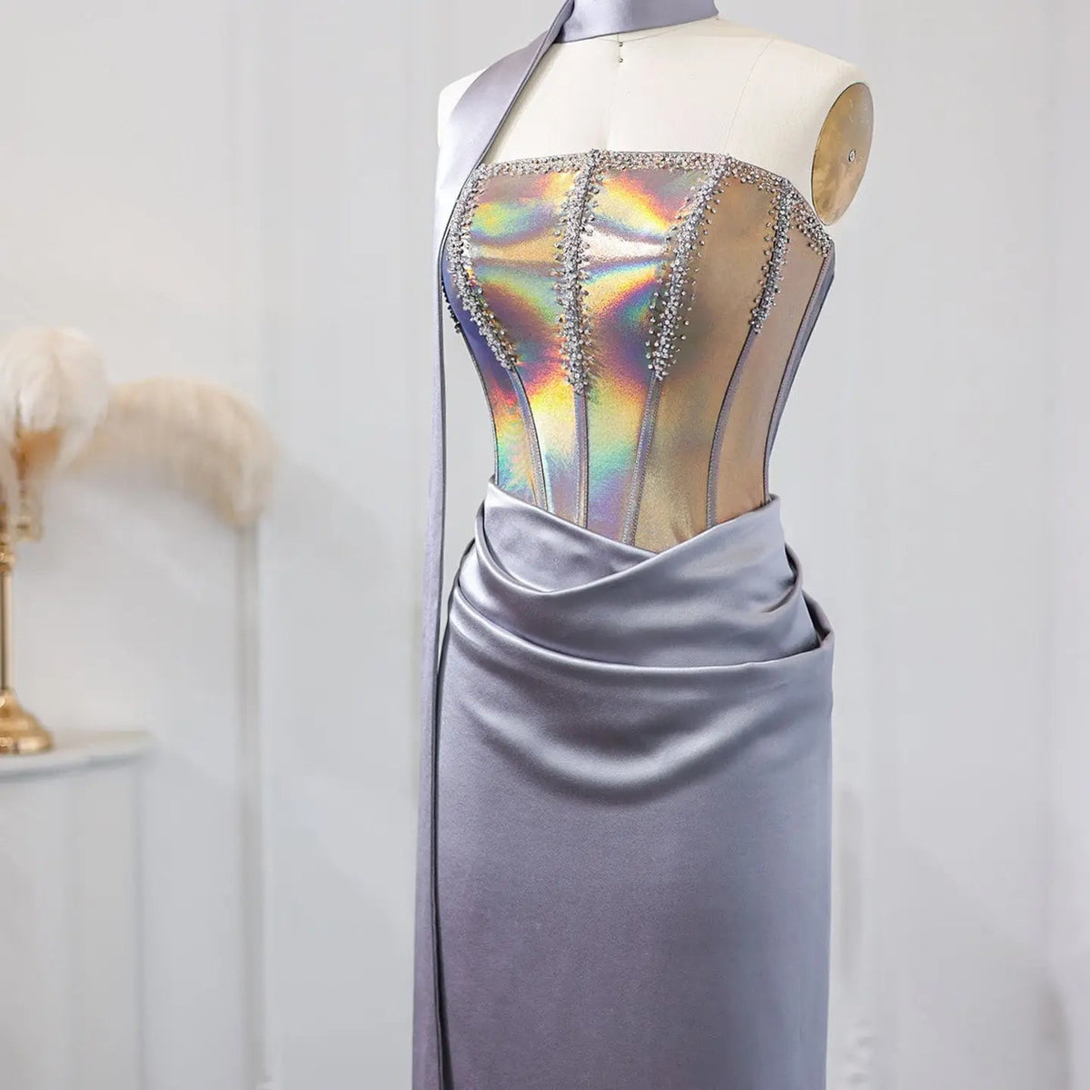 Elegant Strapless Gray Satin Evening Dress with Scarf SS704
