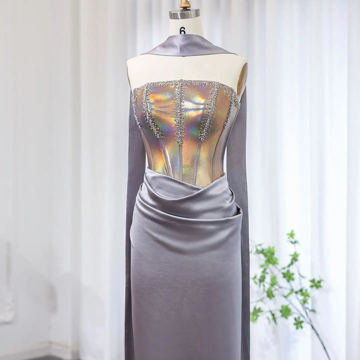 Elegant Strapless Gray Satin Evening Dress with Scarf SS704