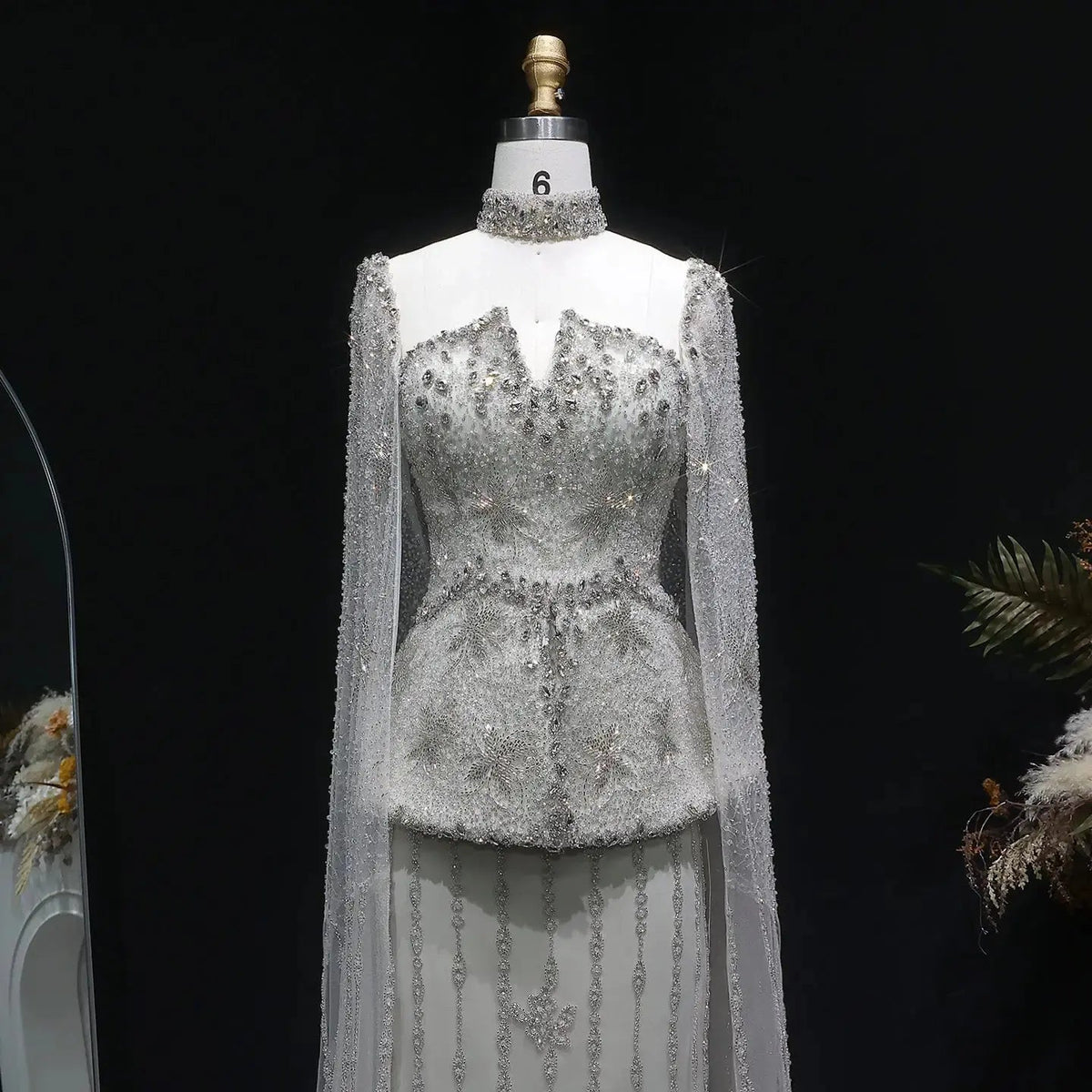 Elegant Silver High Neck Sheer Fitted Evening Dress with Cape Sleeve SS531