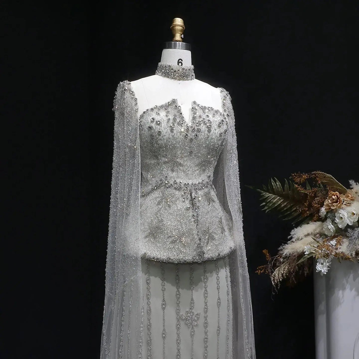 Elegant Silver High Neck Sheer Fitted Evening Dress with Cape Sleeve SS531