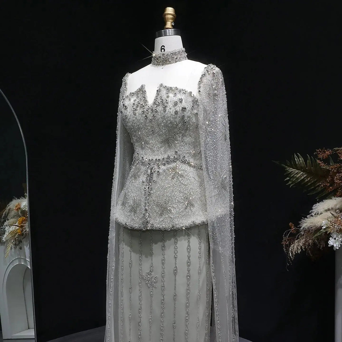 Elegant Silver High Neck Sheer Fitted Evening Dress with Cape Sleeve SS531