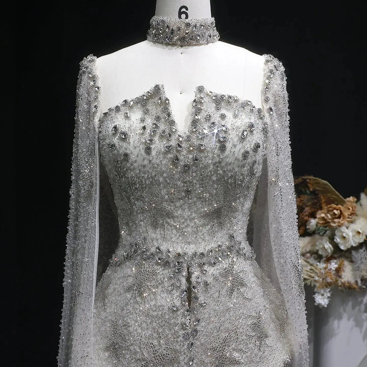 Elegant Silver High Neck Sheer Fitted Evening Dress with Cape Sleeve SS531