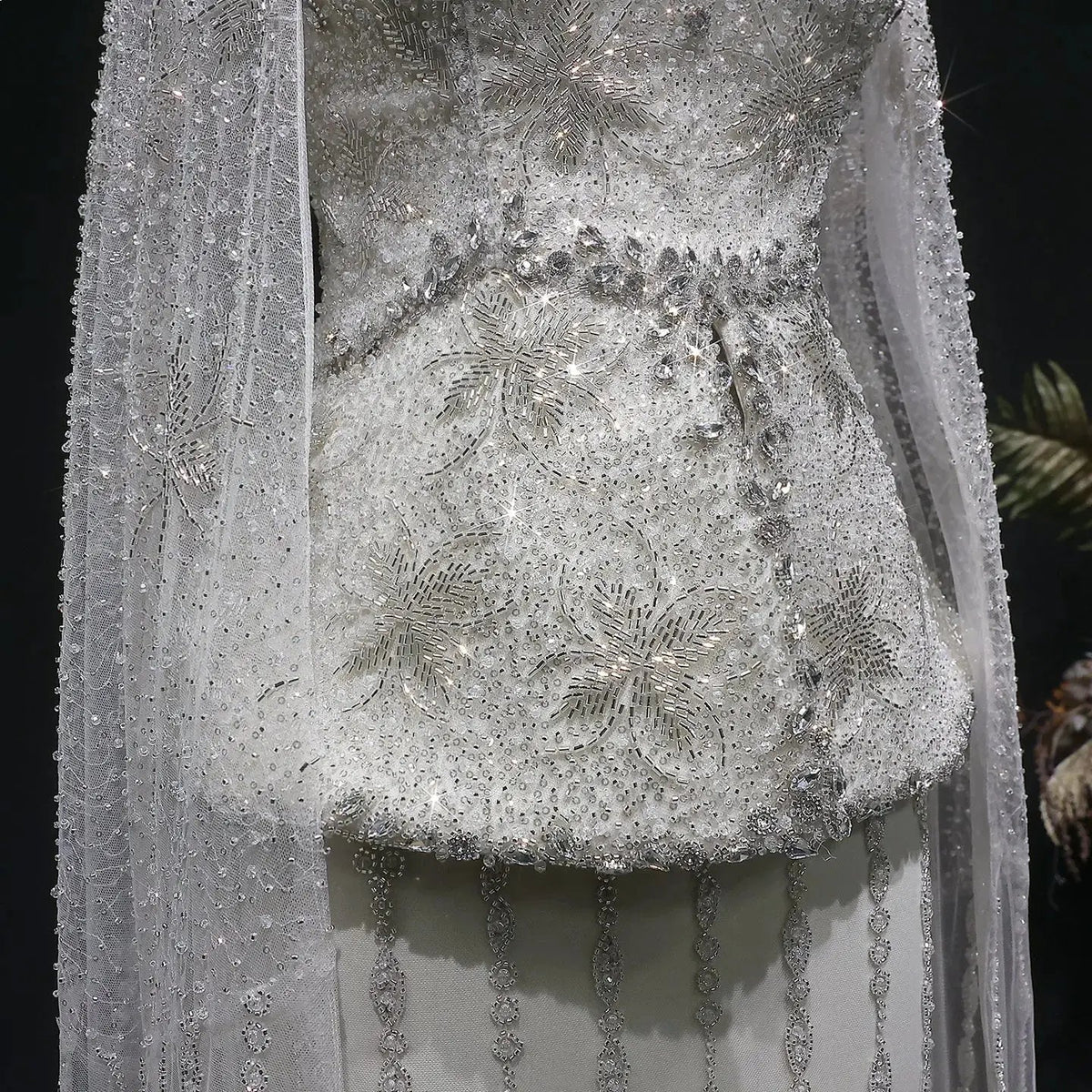 Elegant Silver High Neck Sheer Fitted Evening Dress with Cape Sleeve SS531