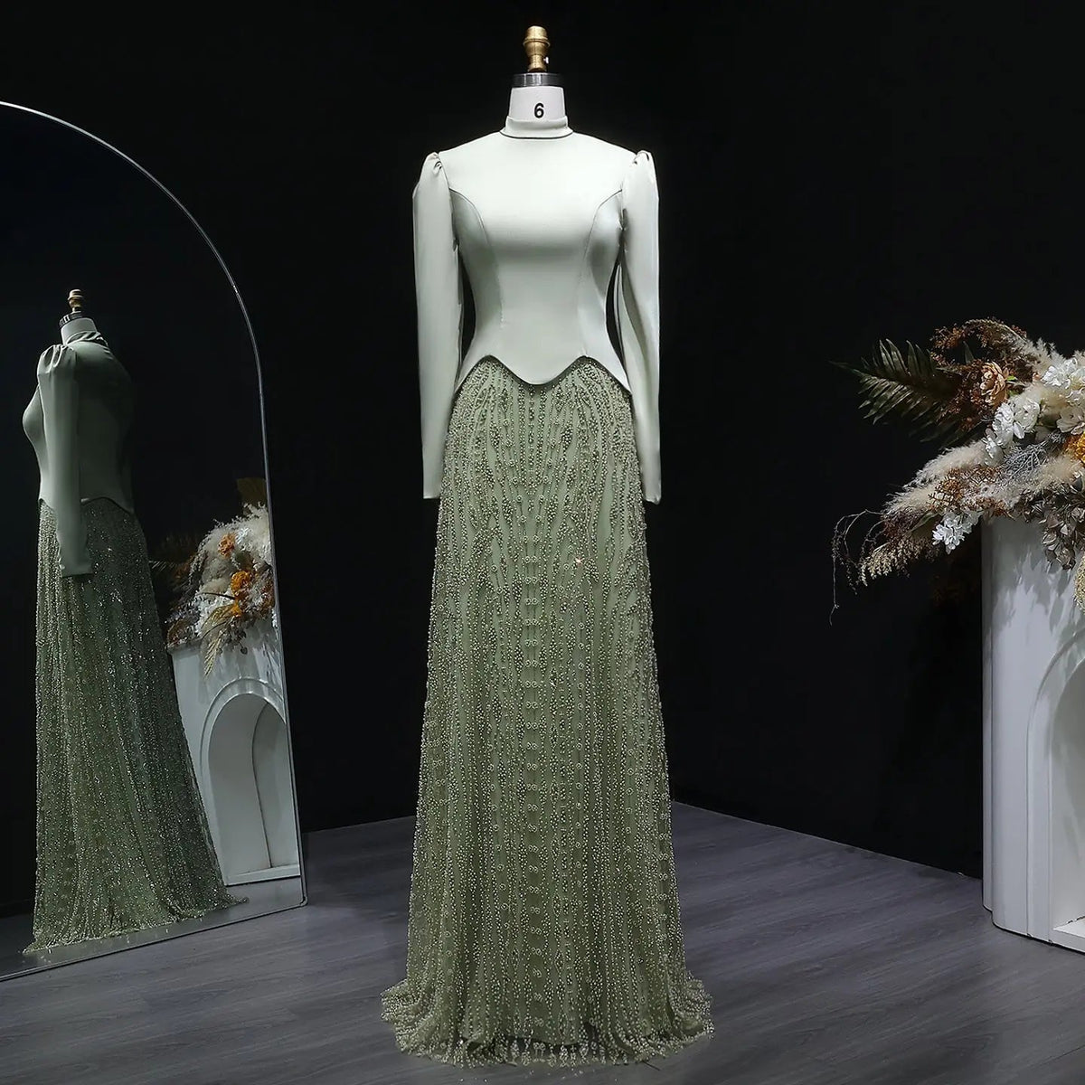 Glamorous Modest Hijab-Style Green Sequin Evening Dress SS613