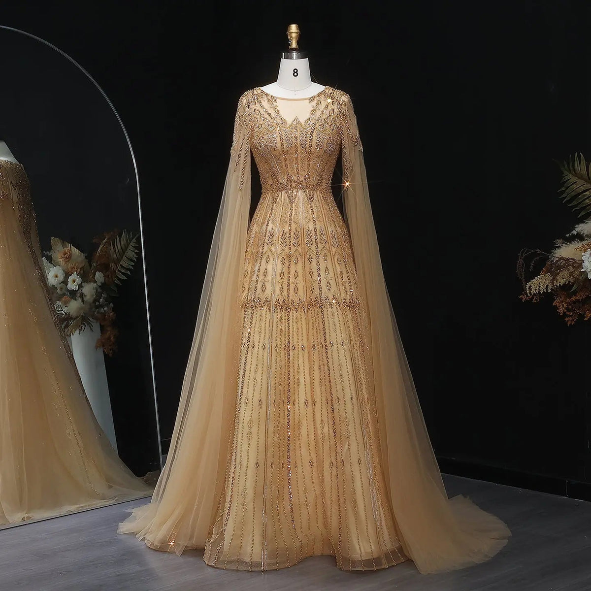 Luxury Blue Evening Dress with Cape Sleeves SS001