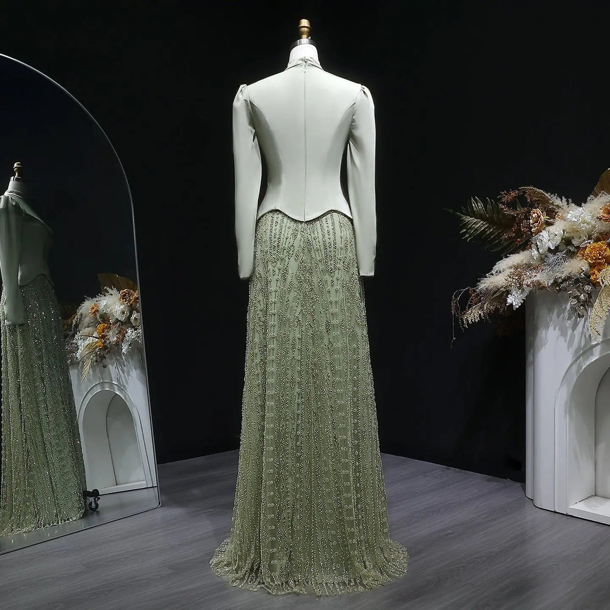 Glamorous Modest Hijab-Style Green Sequin Evening Dress SS613