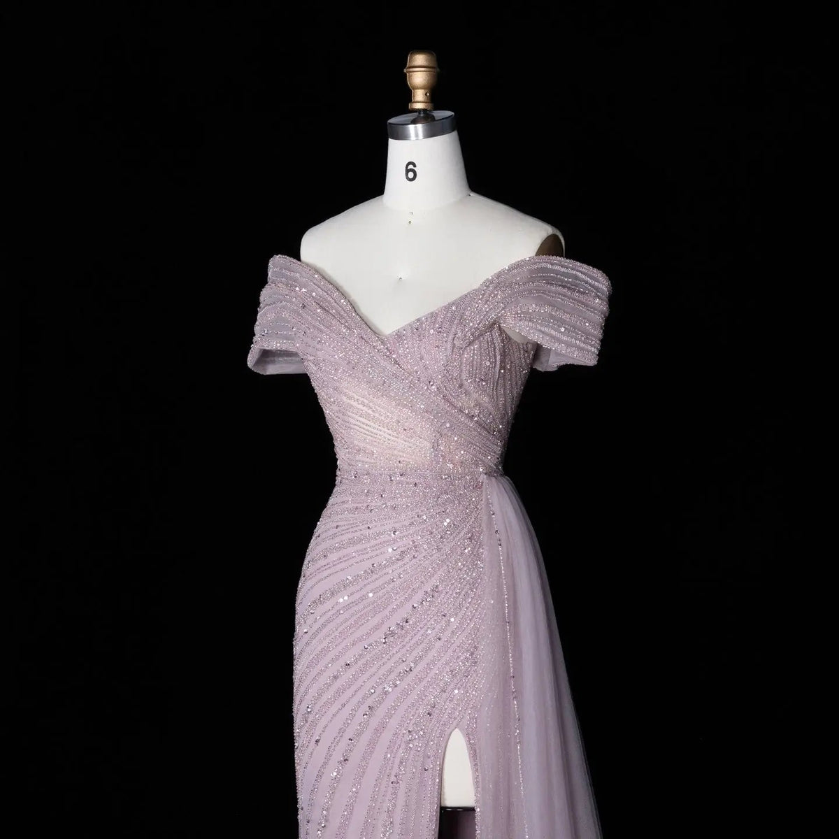 Luxury Champagne Sequin Off-the-Shoulder Evening Dress with High Slit SS007