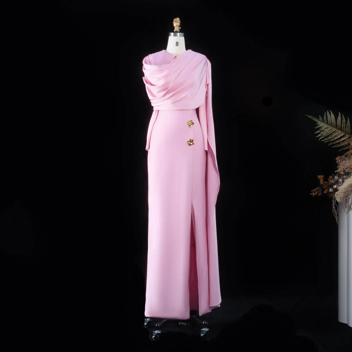 Elegant Off White Satin Arabic Evening Dress with Cape SF536