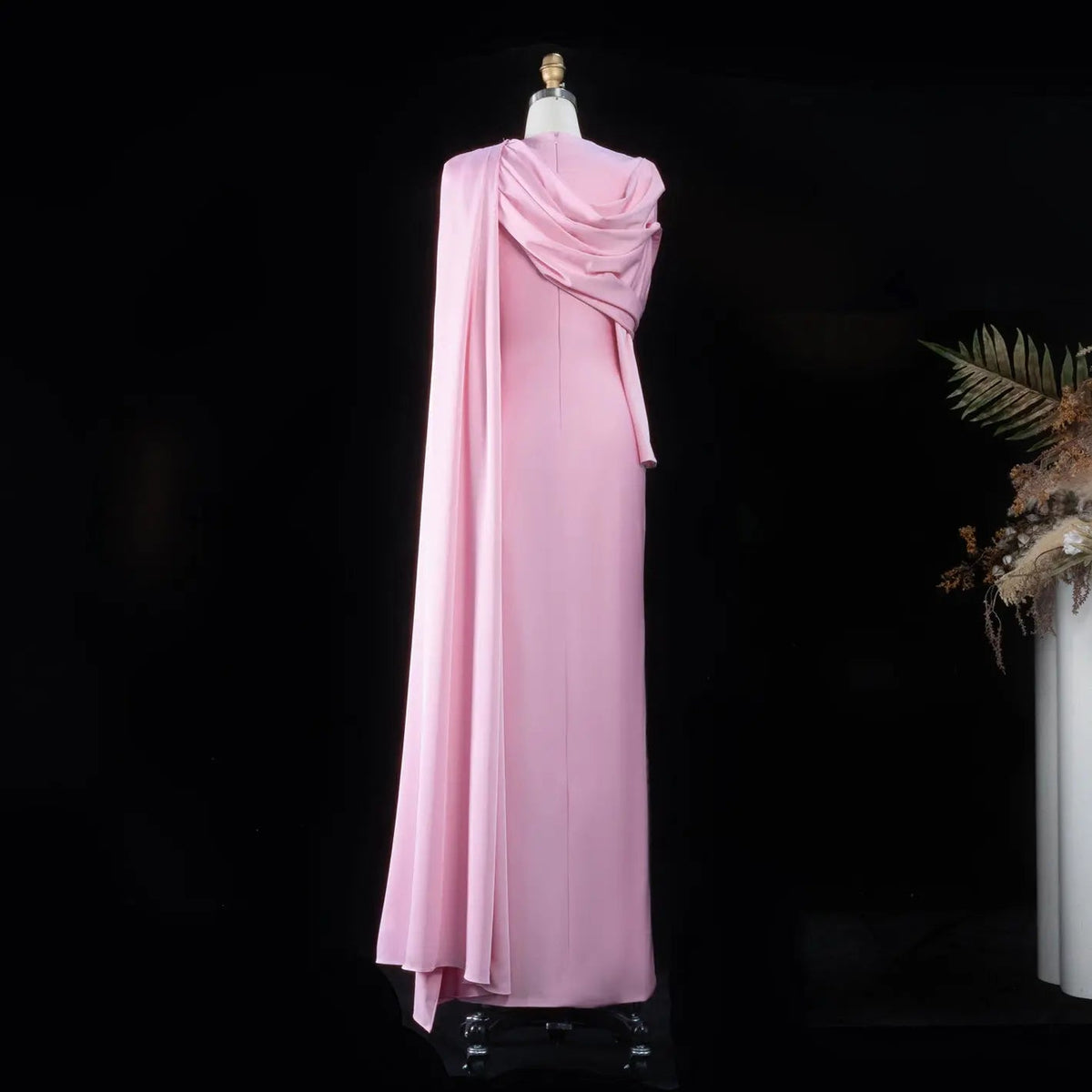 Elegant Off White Satin Arabic Evening Dress with Cape SF536