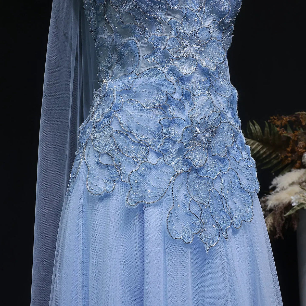 Luxury Pink 3D Floral Strapless Tulle Cape Evening Dress with Scarf SS239
