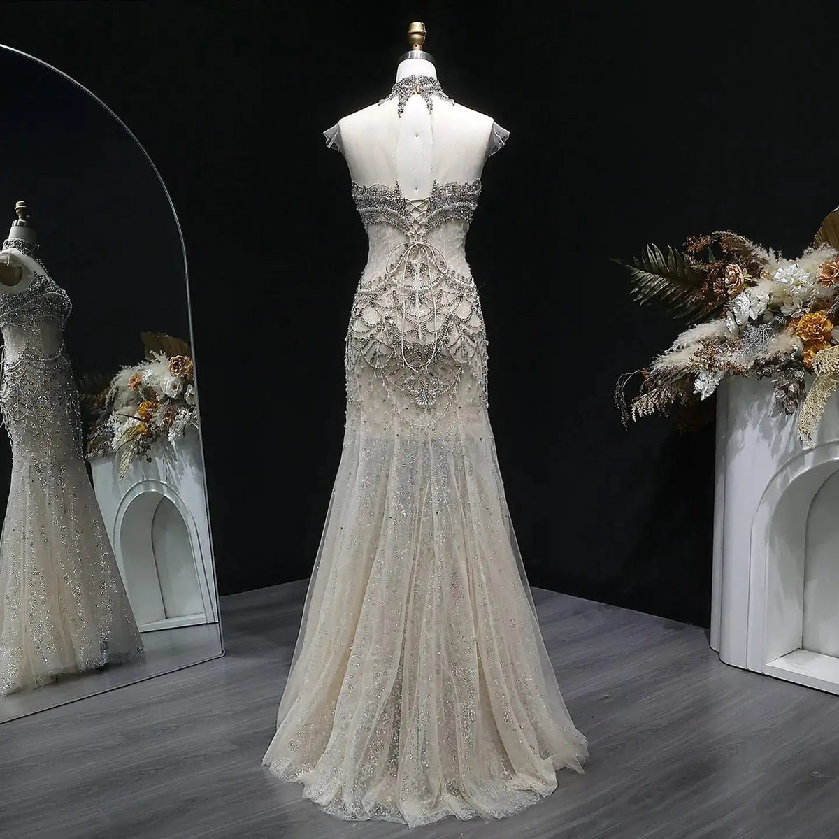 Romantic Nude Beaded Mermaid Evening Dress with High Neck Statement Collar SS380