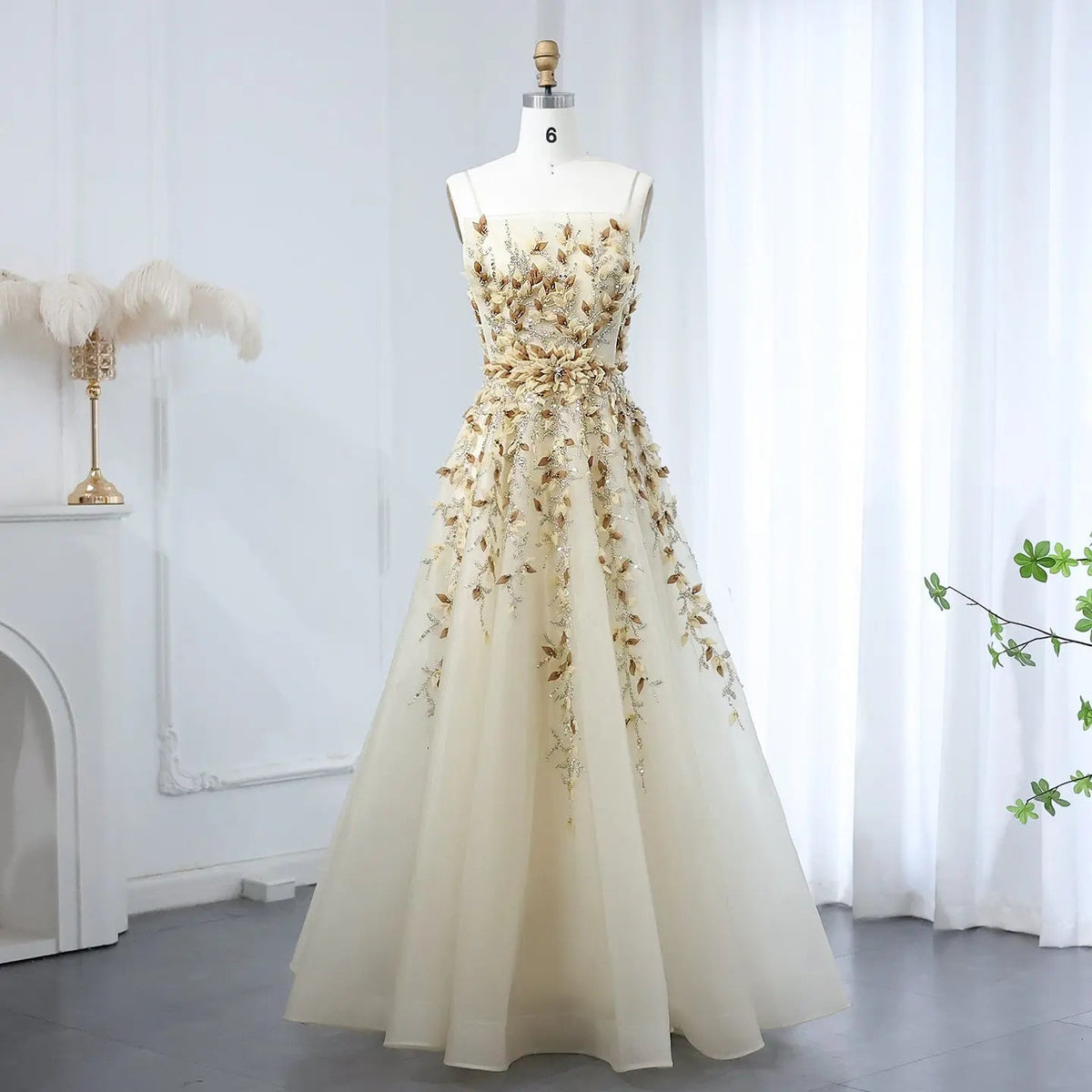 Luxury Beige Evening Dress with 3D Floral Embroidery SS362