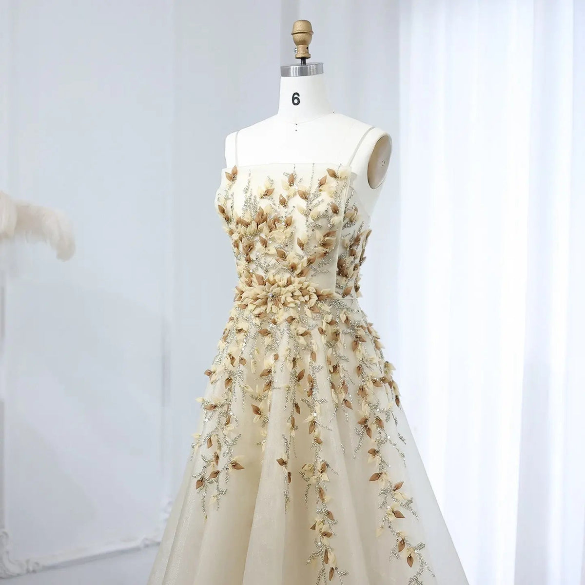 Luxury Beige Evening Dress with 3D Floral Embroidery SS362