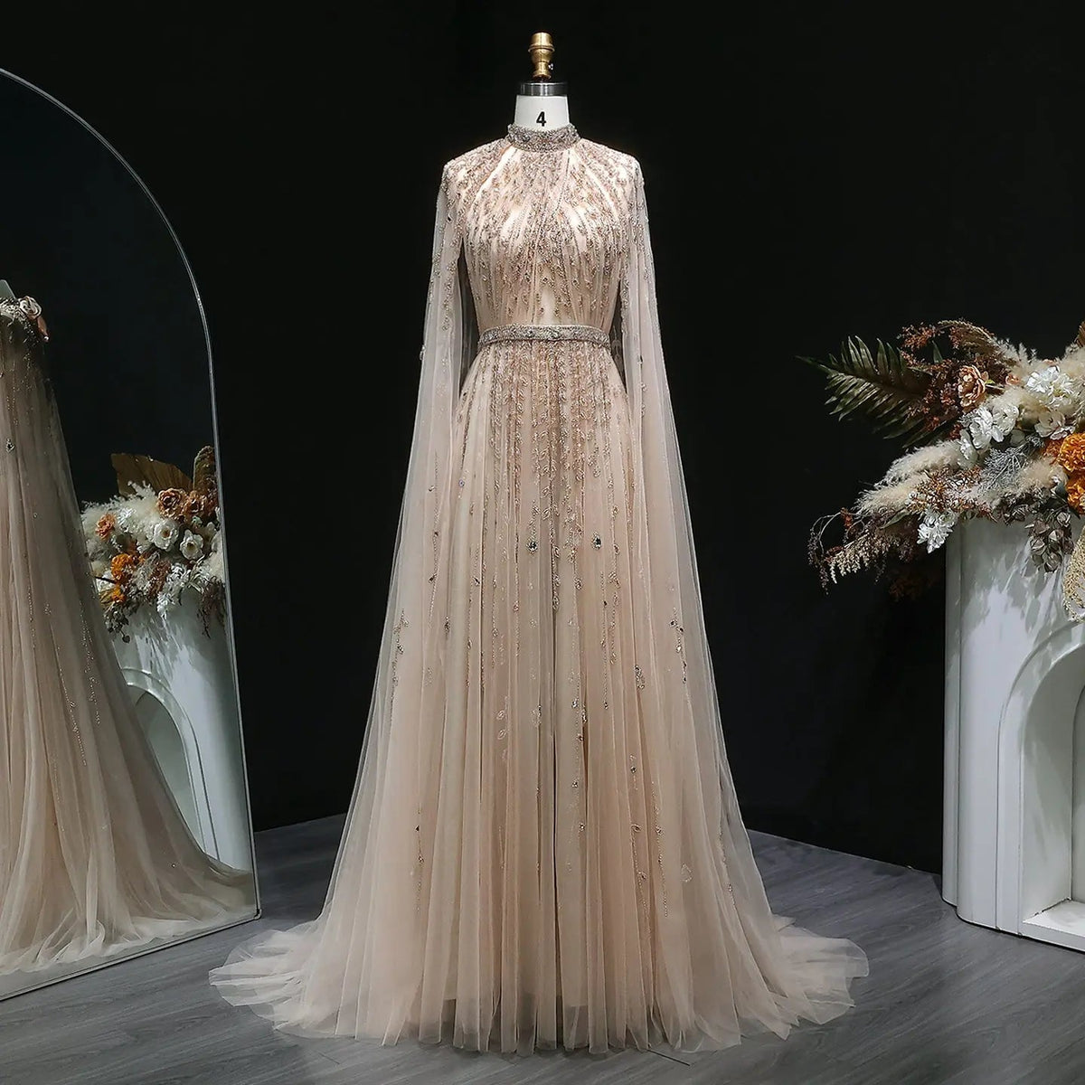 Luxury Beaded Evening Dress with Cape Sleeve SS495