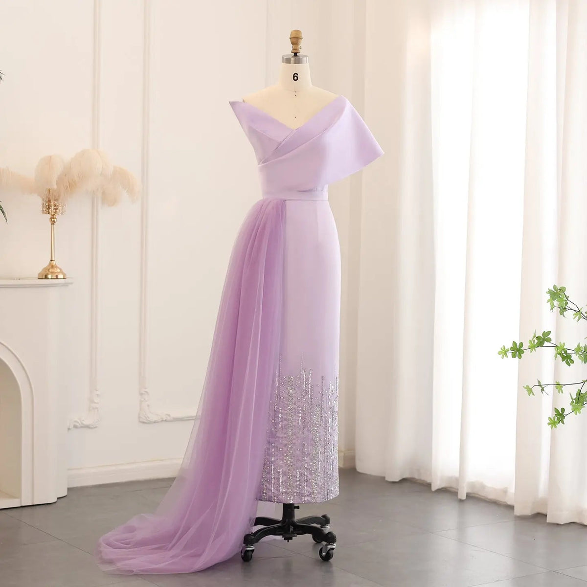 Luxury Lilac One Shoulder Evening Dress with Overskirt SS405