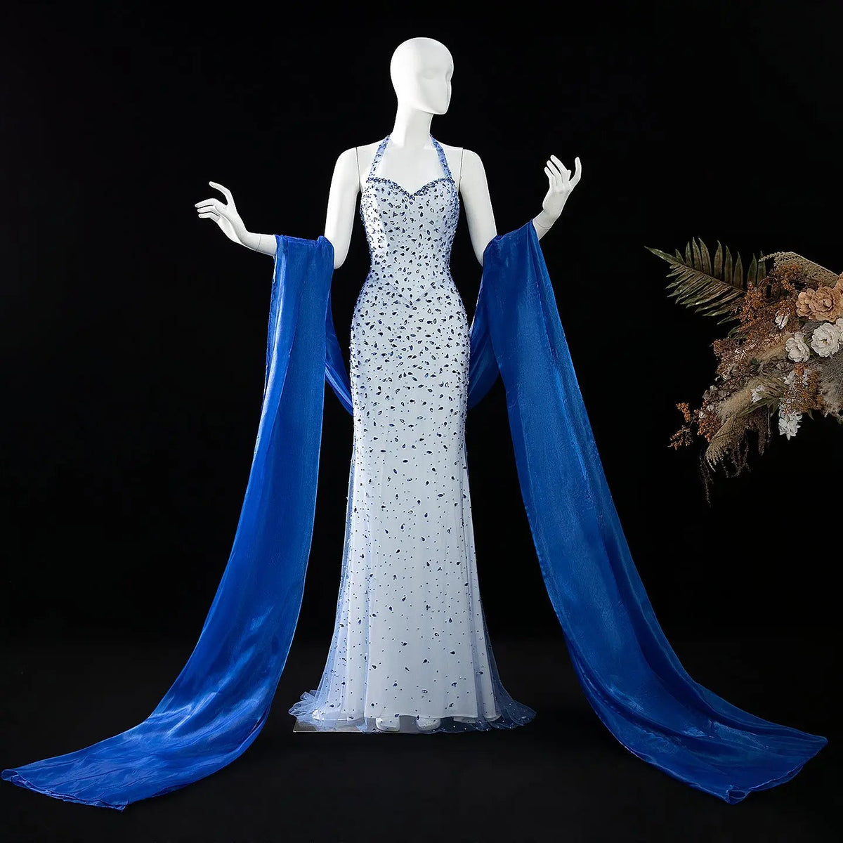 Luxury Blue Halter Neck Crystal Beaded Mermaid Evening Dress with Cape SS715