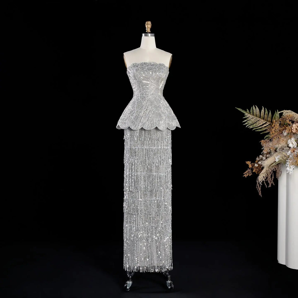 Gray Strapless Mermaid Luxury Beaded Sequins Tassels Skirt Evening Dress SS370