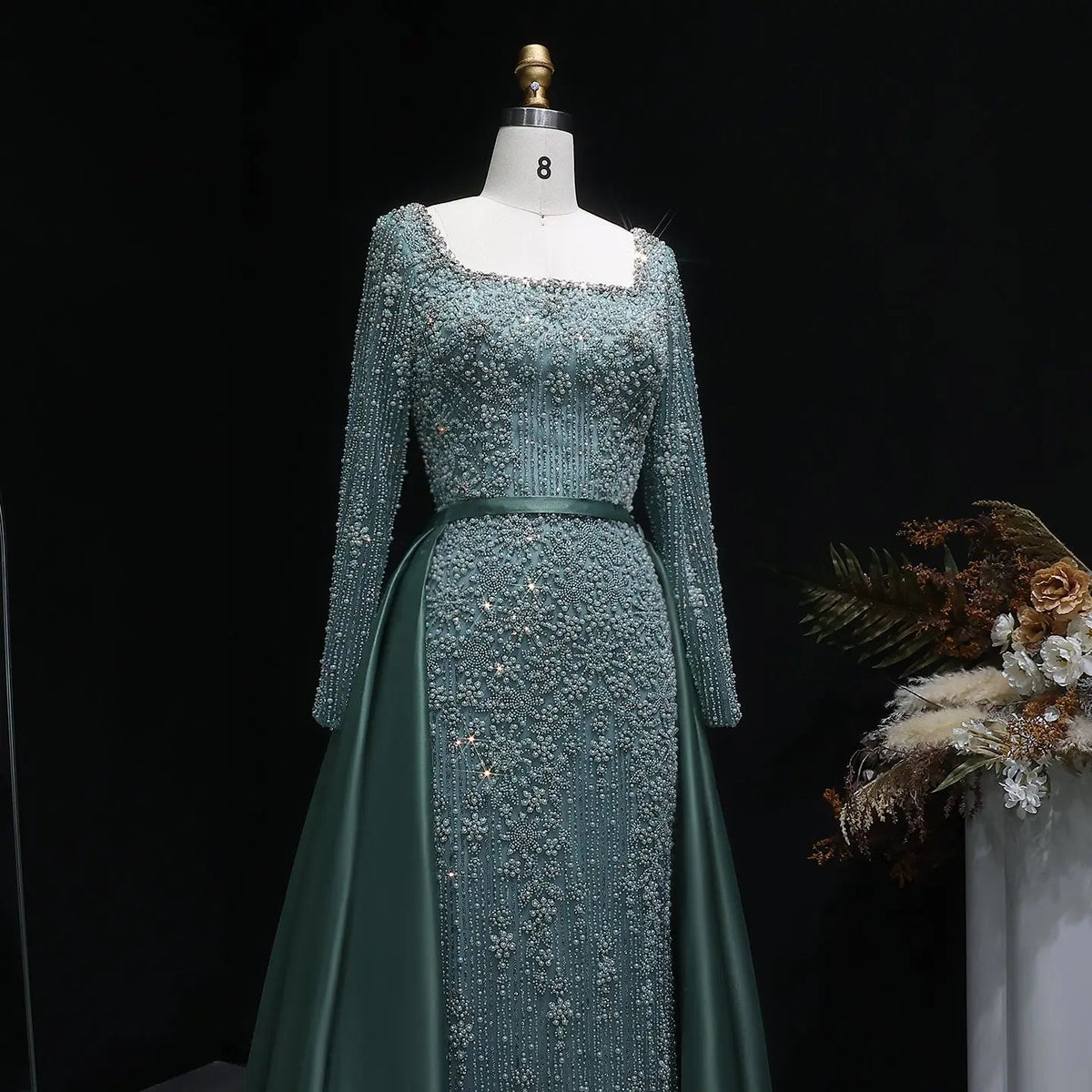 Luxury Green Beaded Long Sleeve Evening Dress with Overskirt SS119