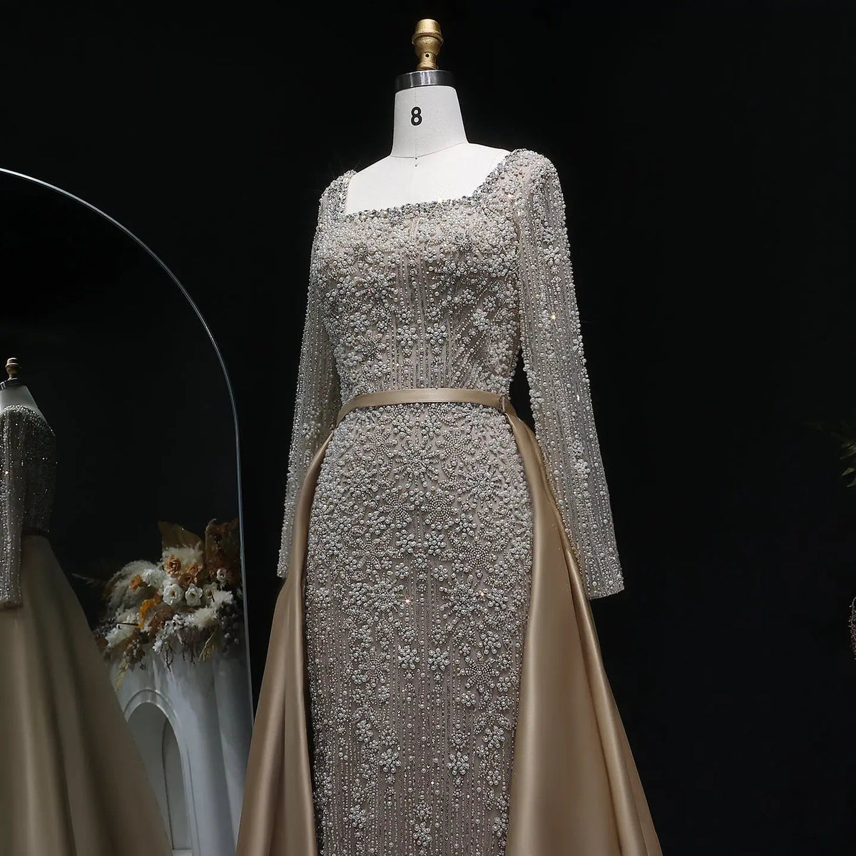 Luxury Green Beaded Long Sleeve Evening Dress with Overskirt SS119